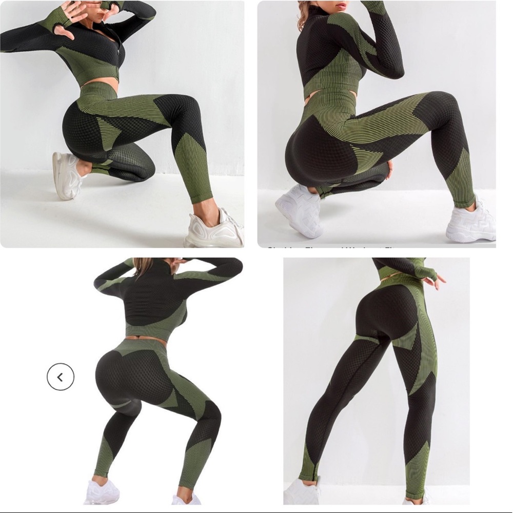 High Waisted Patch design Yoga Pant Army Green/Black Sz Medium